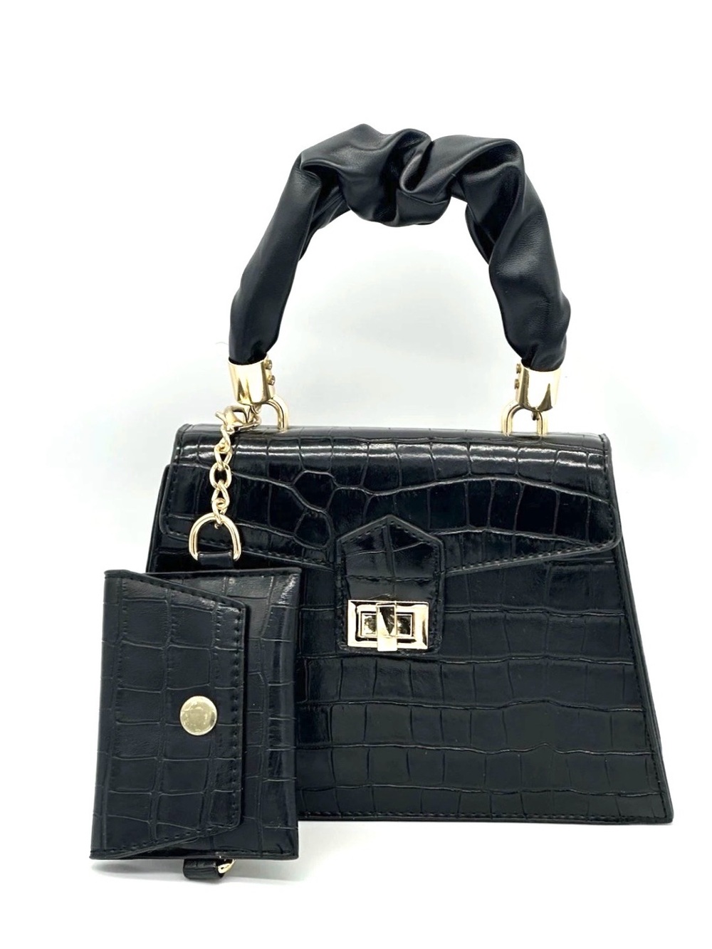 Black Croc Embossed Trapezoid Handbag Set with Ruched Handle & Mini Wallet Charm